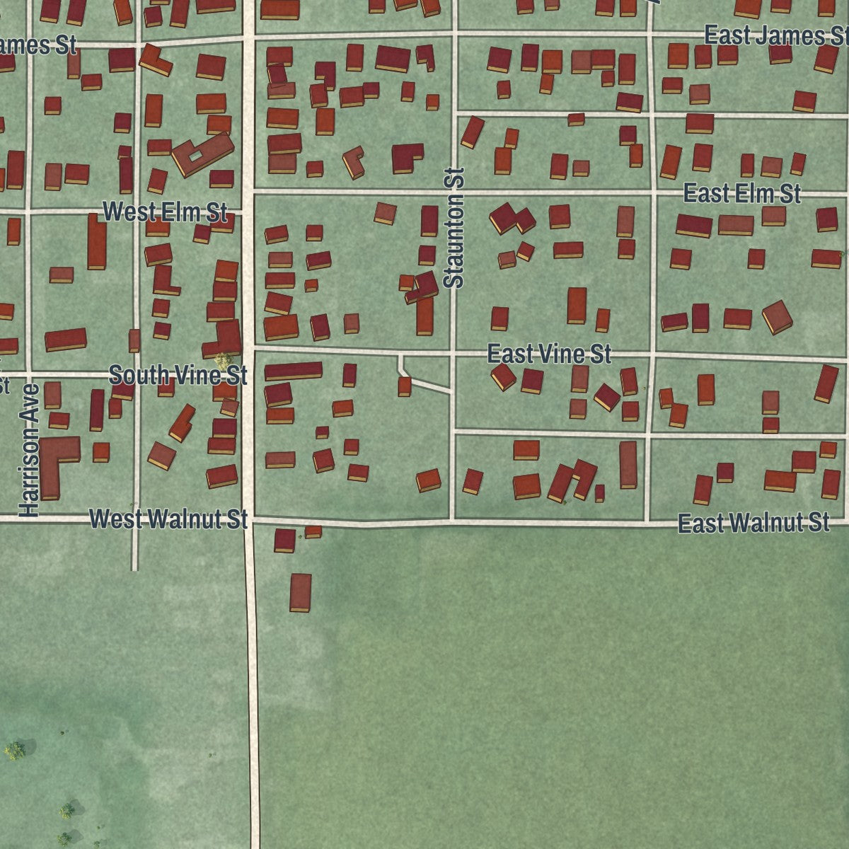 Second close-up of the map of Bradford, Ohio print showing more streets and buildings