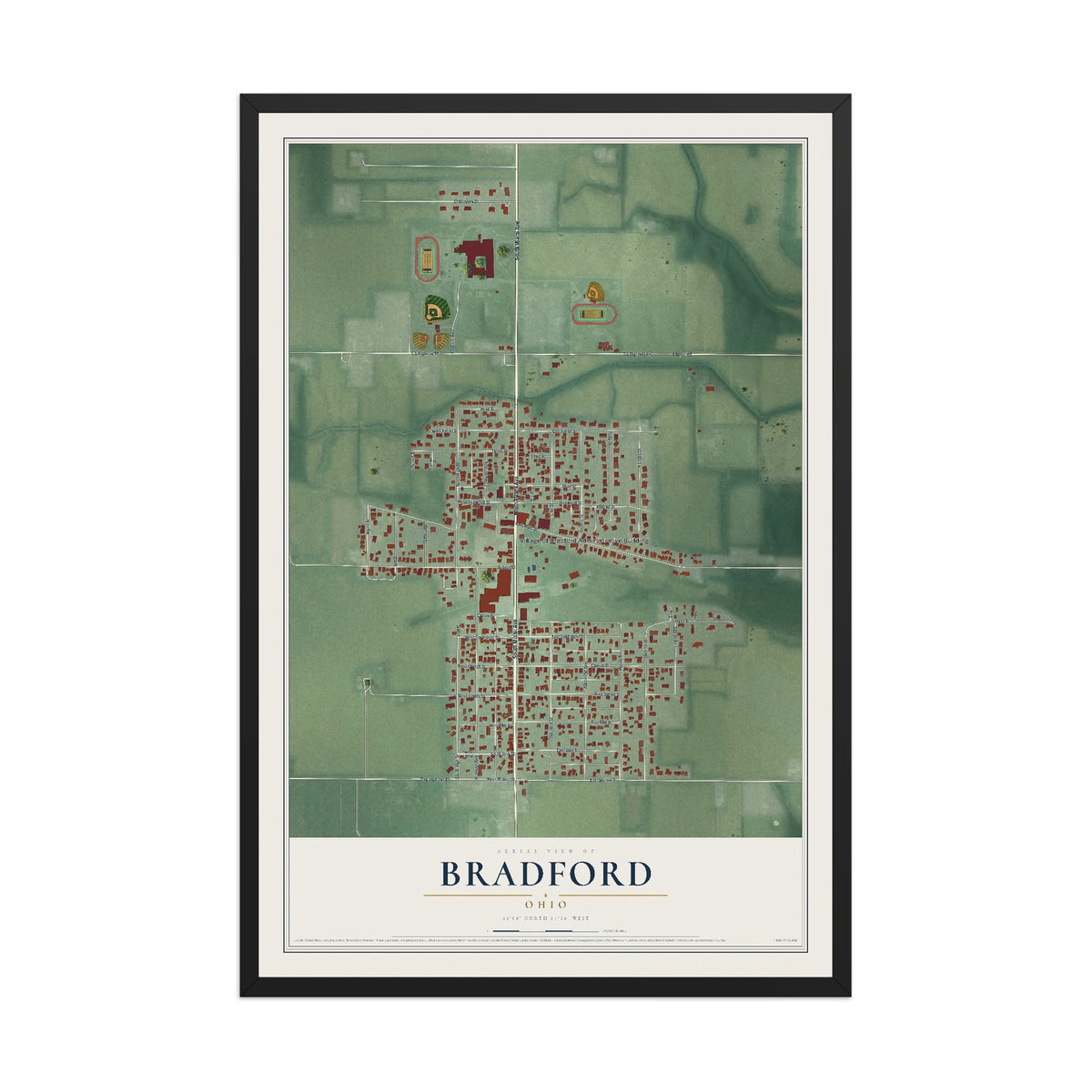Map of Bradford, Ohio, 12 x 18 inch print in a black wood frame