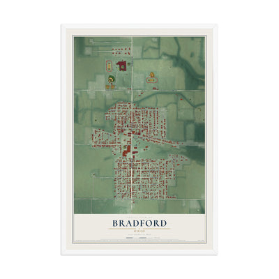 Map of Bradford, Ohio, 12 x 18 inch print in a white wood frame
