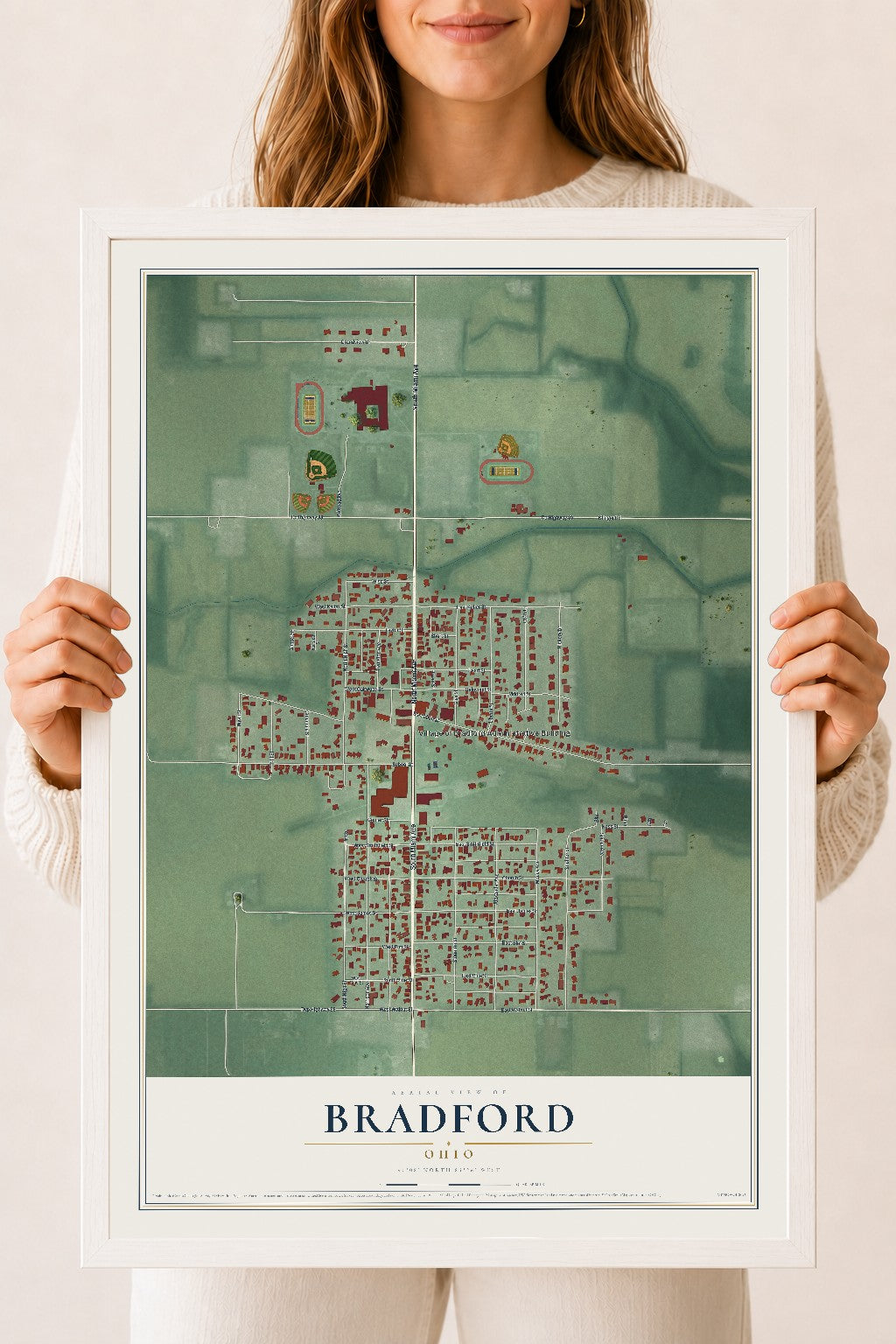 Map of Bradford, Ohio, 18 x 24 inch print in a white wood frame