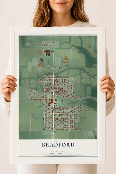 Map of Bradford, Ohio, 18 x 24 inch print in a white wood frame