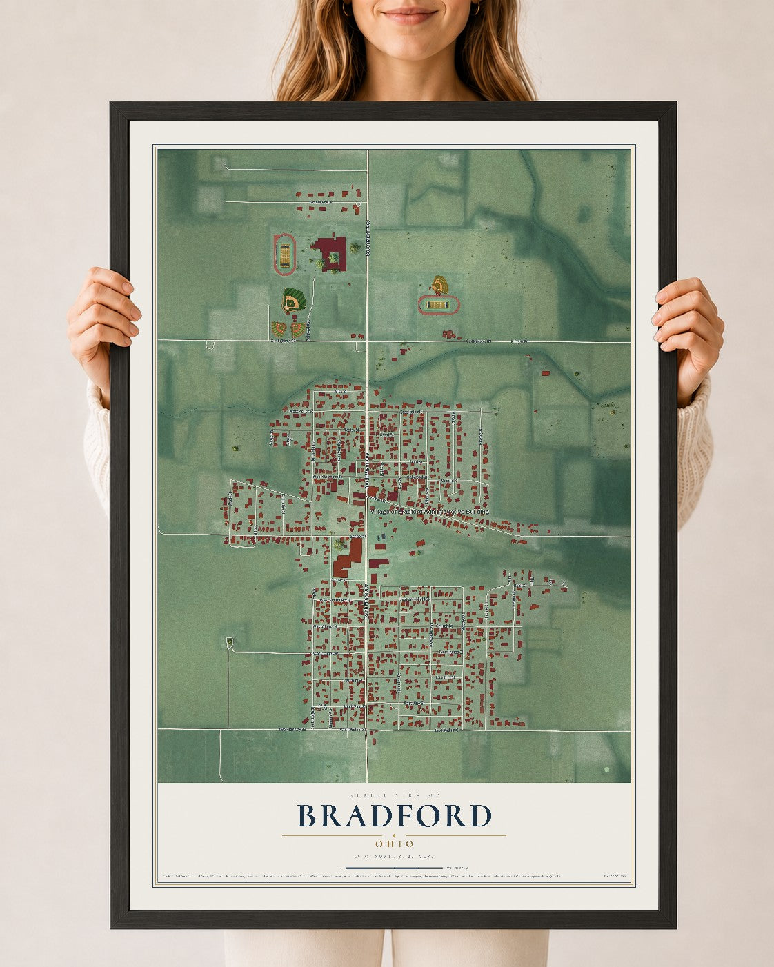 Map of Bradford, Ohio, 24 x 36 inch print in a black wood frame