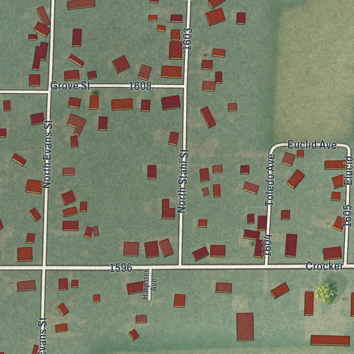 Second close-up of the map of Bradner, Ohio print showing more streets and buildings