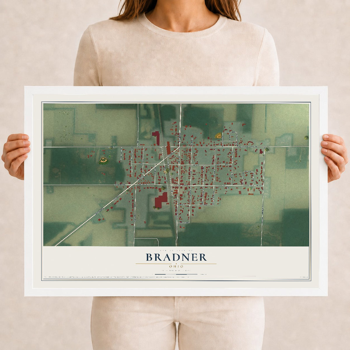 Map of Bradner, Ohio, 12 x 18 inch print in a white wood frame