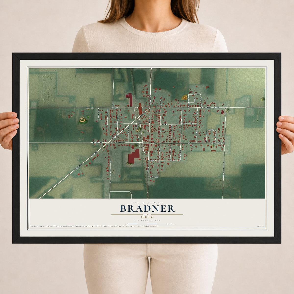 Map of Bradner, Ohio, 18 x 24 inch print in a black wood frame