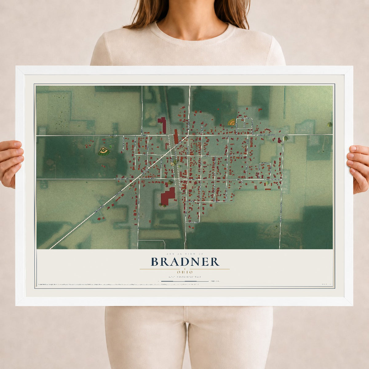 Map of Bradner, Ohio, 18 x 24 inch print in a white wood frame