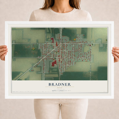 Map of Bradner, Ohio, 18 x 24 inch print in a white wood frame