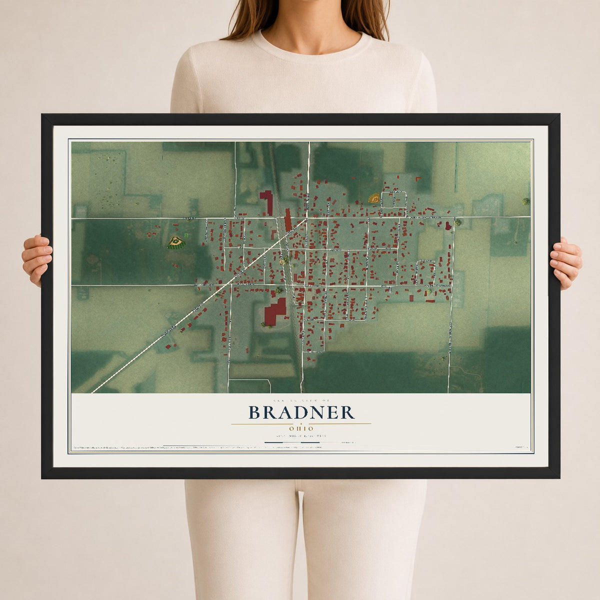 Map of Bradner, Ohio, 24 x 36 inch print in a black wood frame