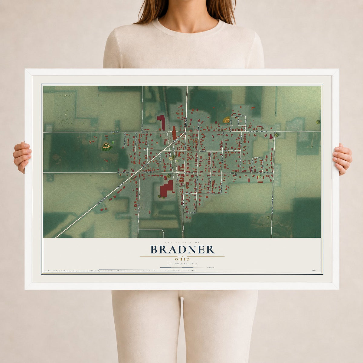Map of Bradner, Ohio, 24 x 36 inch print in a white wood frame