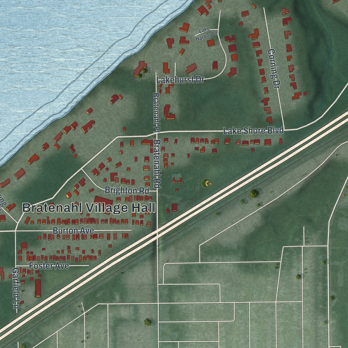 Close-up of the map of Bratenahl, Ohio print showing street and building detail