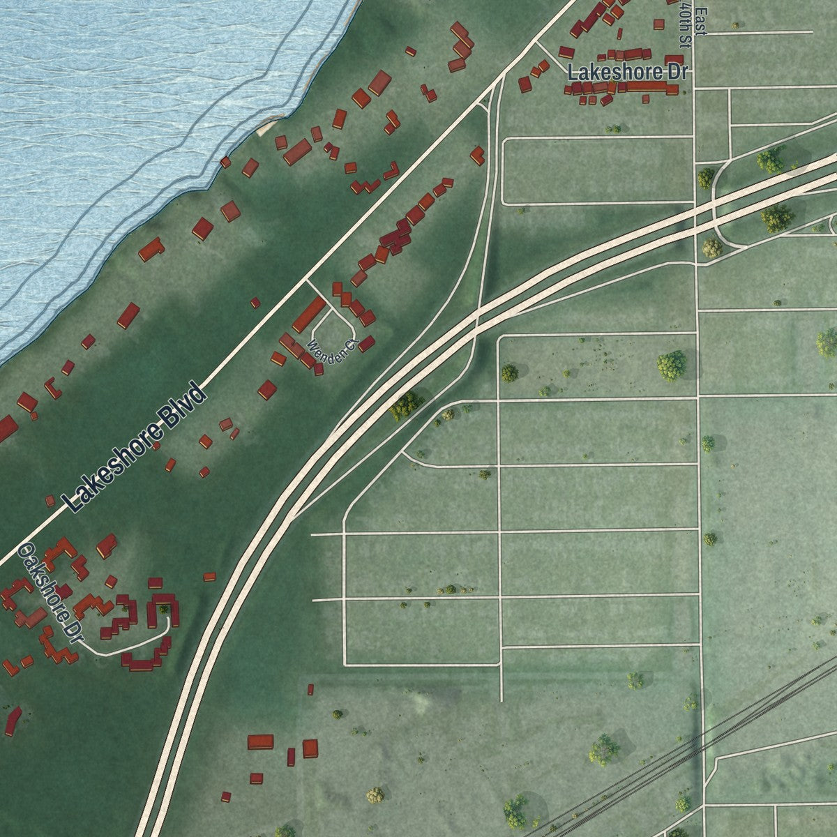 Second close-up of the map of Bratenahl, Ohio print showing more streets and buildings