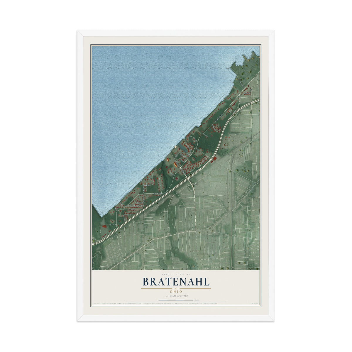 Map of Bratenahl, Ohio, 12 x 18 inch print in a white wood frame