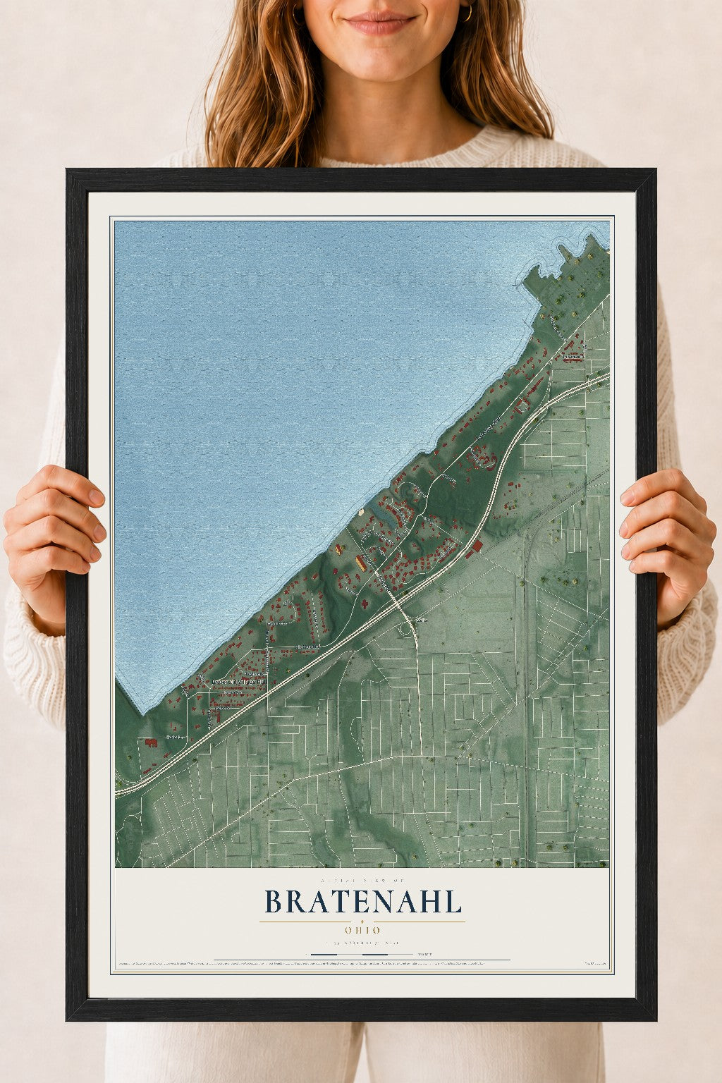 Map of Bratenahl, Ohio, 18 x 24 inch print in a black wood frame