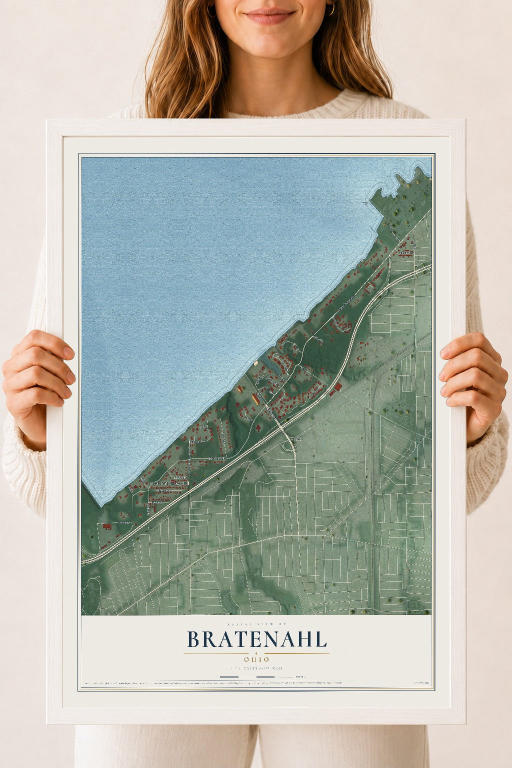 Map of Bratenahl, Ohio, 18 x 24 inch print in a white wood frame