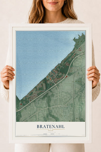 Map of Bratenahl, Ohio, 18 x 24 inch print in a white wood frame
