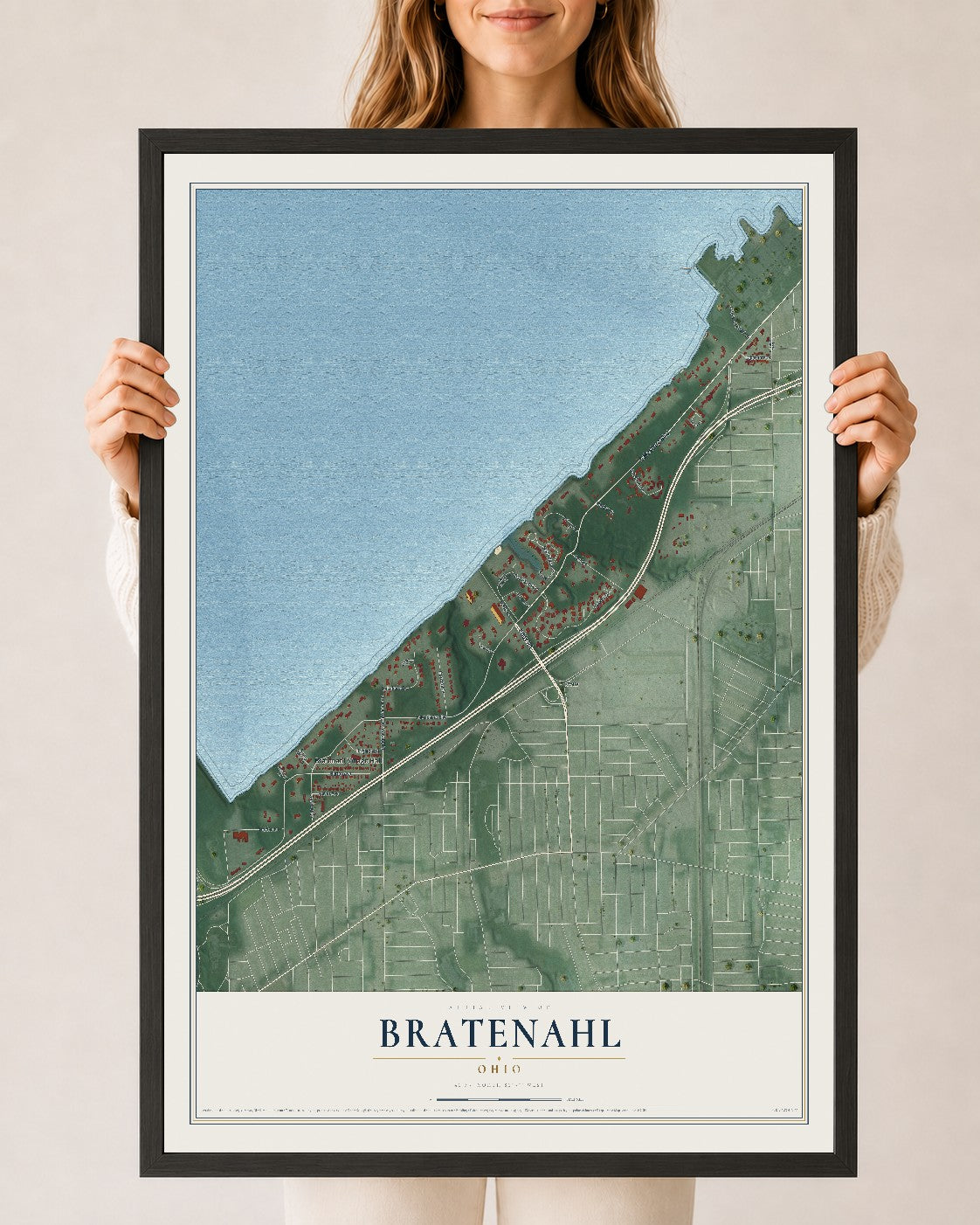 Map of Bratenahl, Ohio, 24 x 36 inch print in a black wood frame