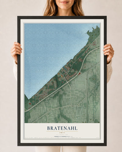 Map of Bratenahl, Ohio, 24 x 36 inch print in a black wood frame