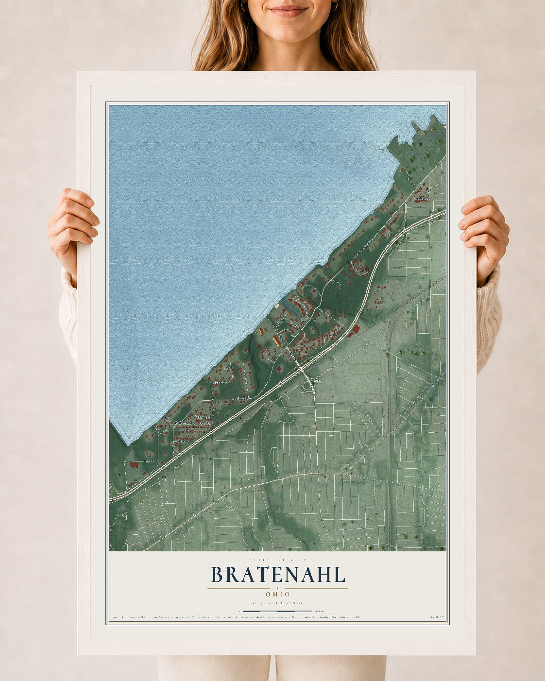 Map of Bratenahl, Ohio, 24 x 36 inch print in a white wood frame