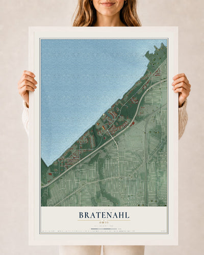 Map of Bratenahl, Ohio, 24 x 36 inch print in a white wood frame