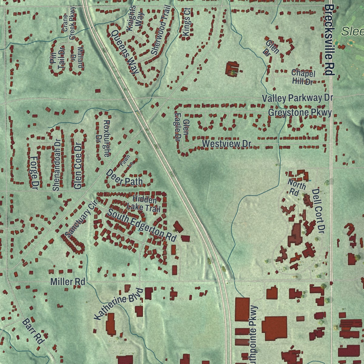 Close-up of the map of Brecksville, Ohio print showing street and building detail