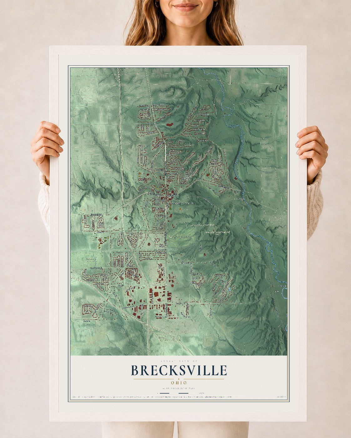 Map of Brecksville, Ohio, 24 x 36 inch print in a white wood frame