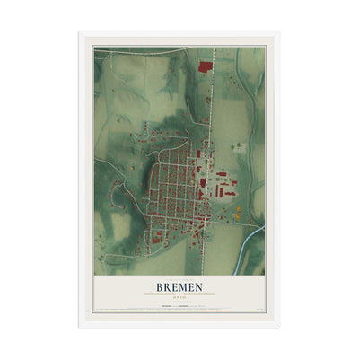 Map of Bremen, Ohio, 12 x 18 inch print in a white wood frame