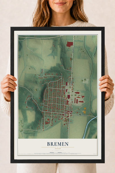 Map of Bremen, Ohio, 18 x 24 inch print in a black wood frame