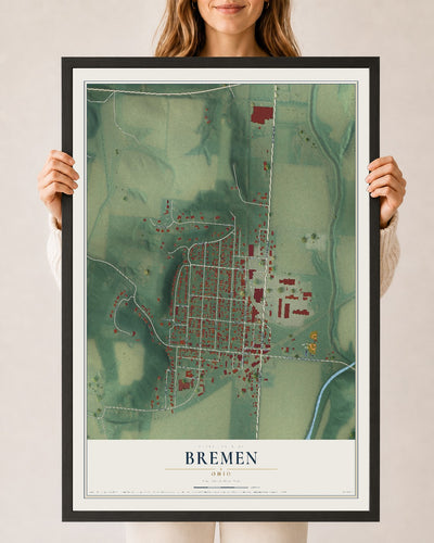 Map of Bremen, Ohio, 24 x 36 inch print in a black wood frame