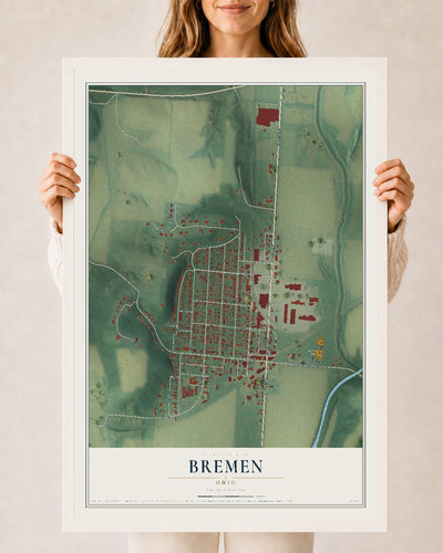 Map of Bremen, Ohio, 24 x 36 inch print in a white wood frame