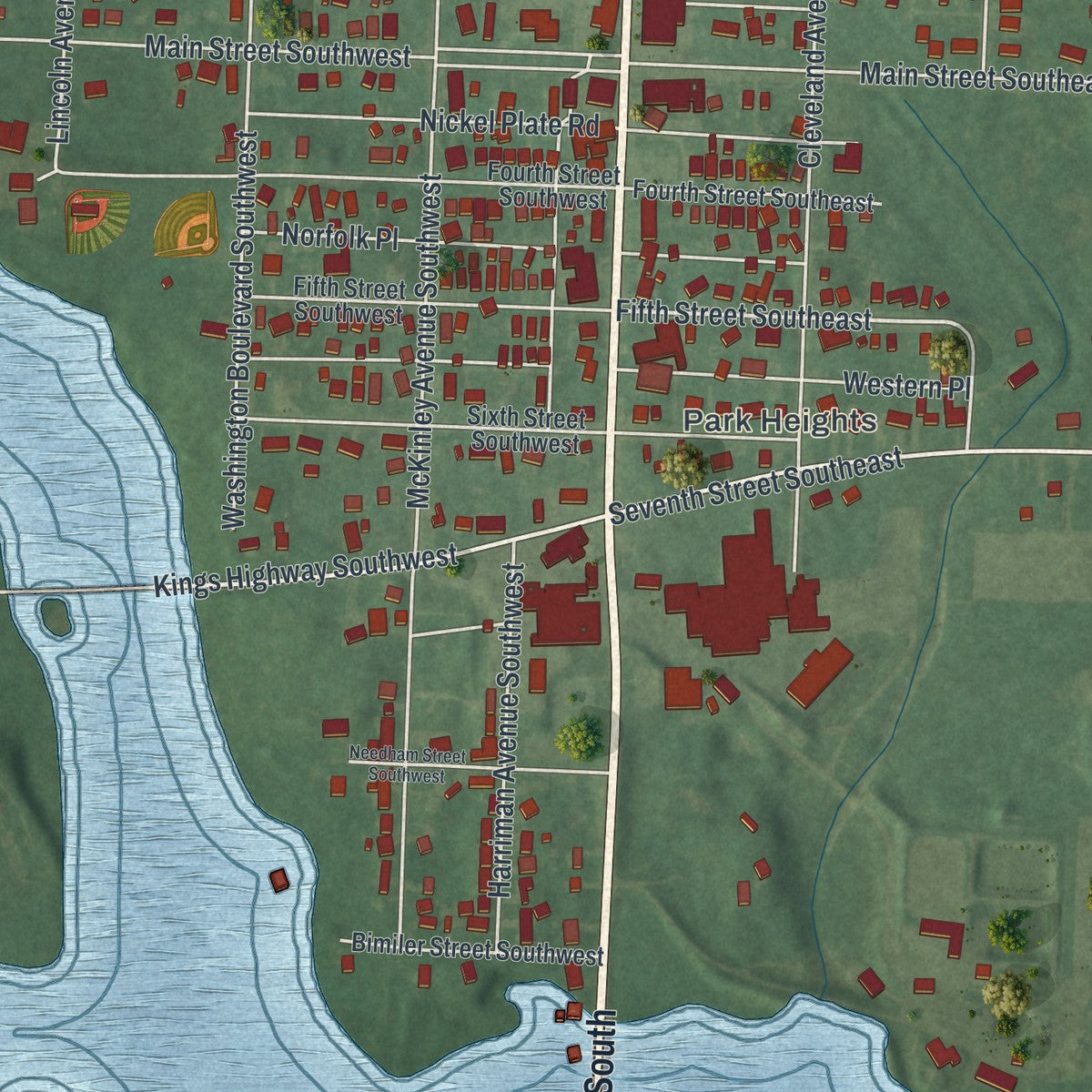 Close-up of the map of Brewster, Ohio print showing street and building detail