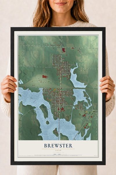 Map of Brewster, Ohio, 18 x 24 inch print in a black wood frame