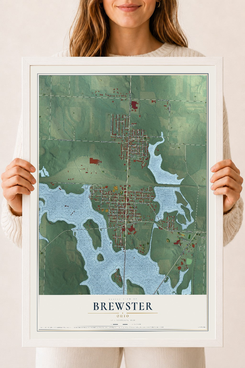 Map of Brewster, Ohio, 18 x 24 inch print in a white wood frame