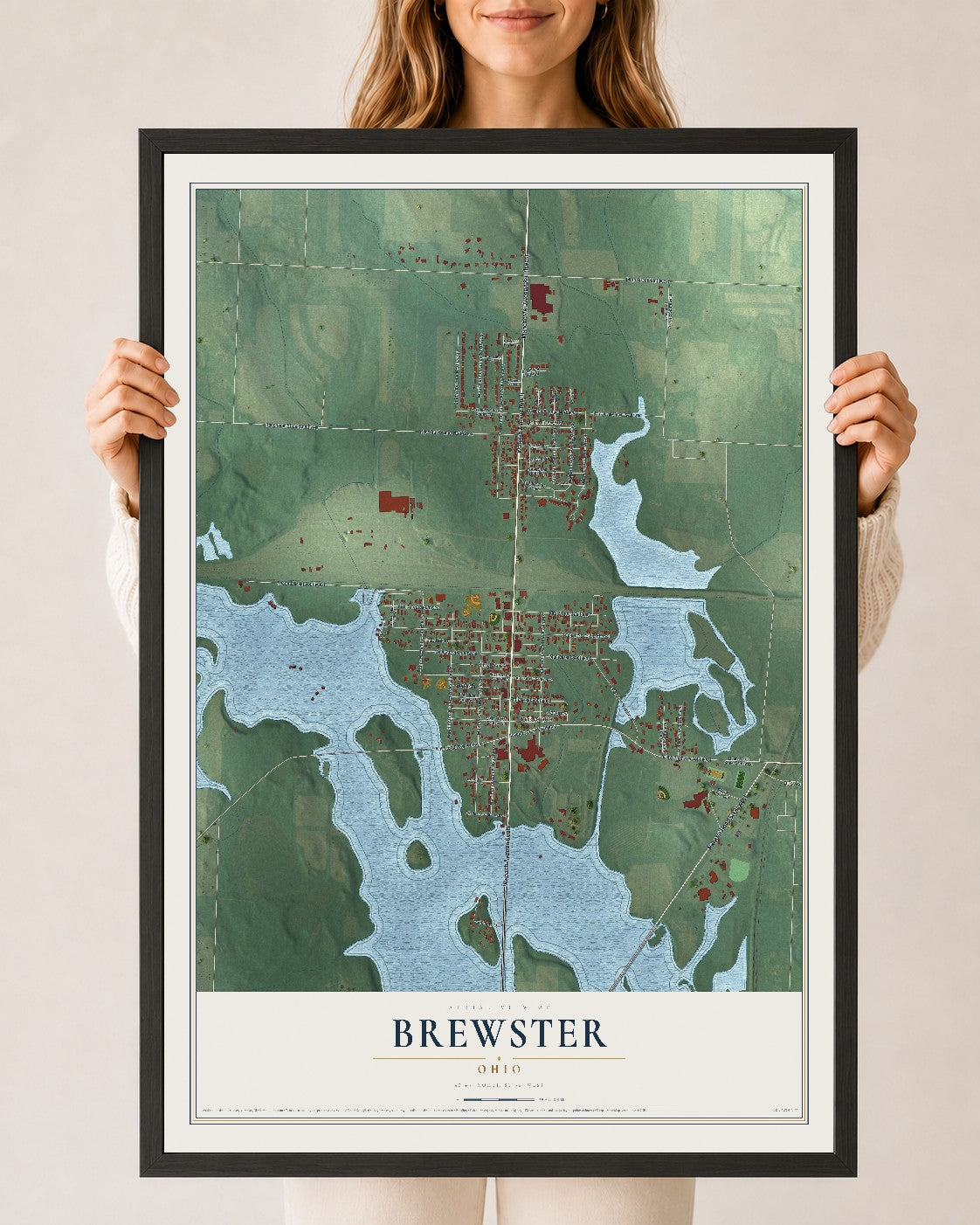 Map of Brewster, Ohio, 24 x 36 inch print in a black wood frame