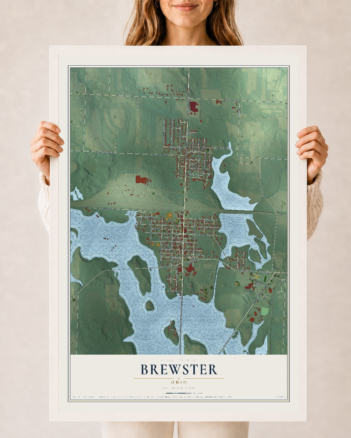 Map of Brewster, Ohio, 24 x 36 inch print in a white wood frame