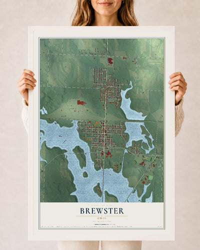 Map of Brewster, Ohio, 24 x 36 inch print in a white wood frame
