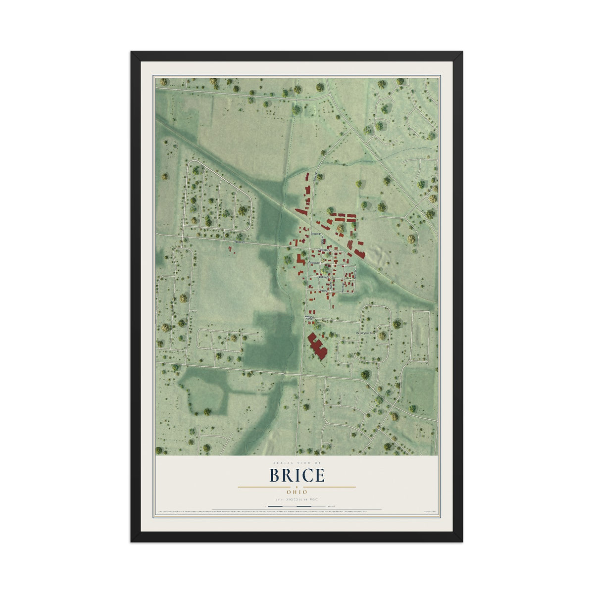Map of Brice, Ohio, 12 x 18 inch print in a black wood frame