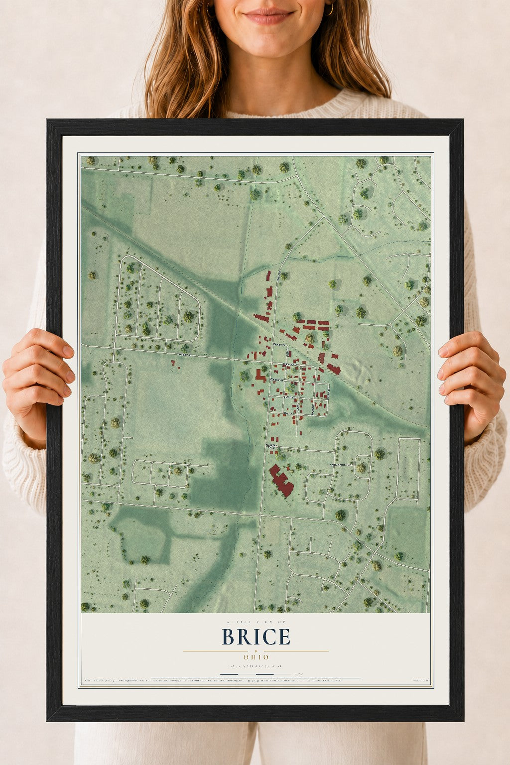 Map of Brice, Ohio, 18 x 24 inch print in a black wood frame