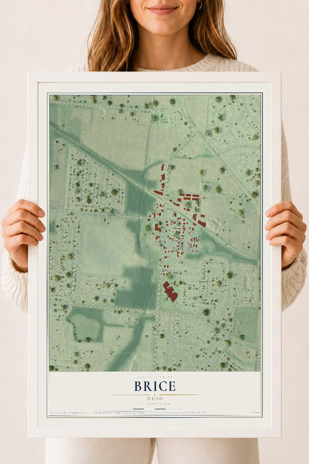Map of Brice, Ohio, 18 x 24 inch print in a white wood frame