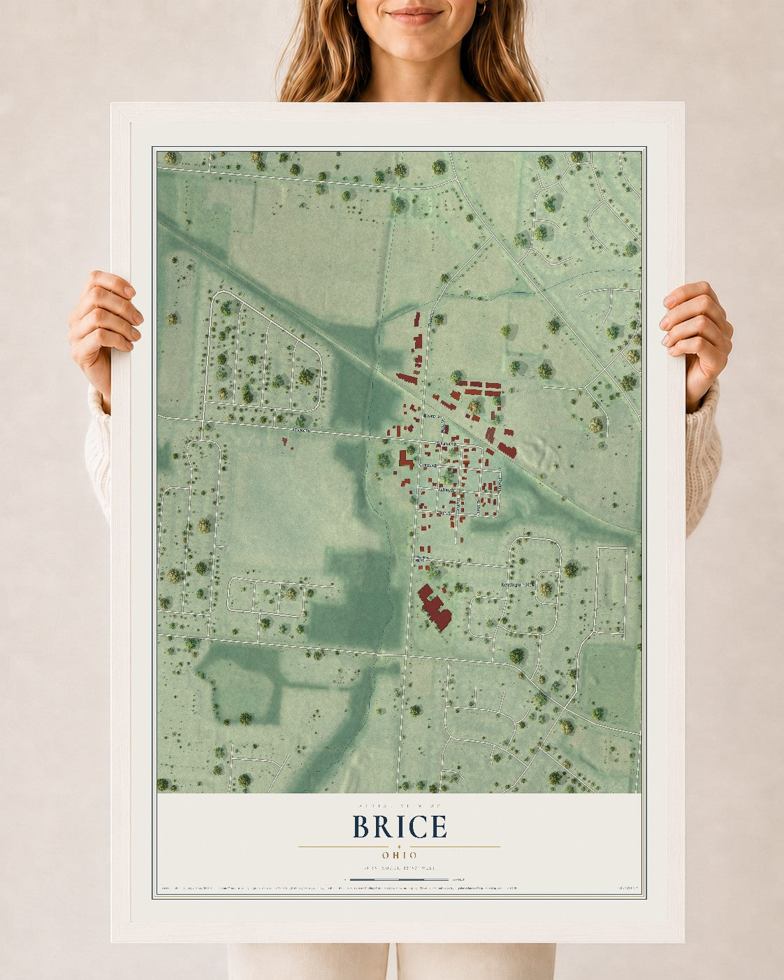 Map of Brice, Ohio, 24 x 36 inch print in a white wood frame