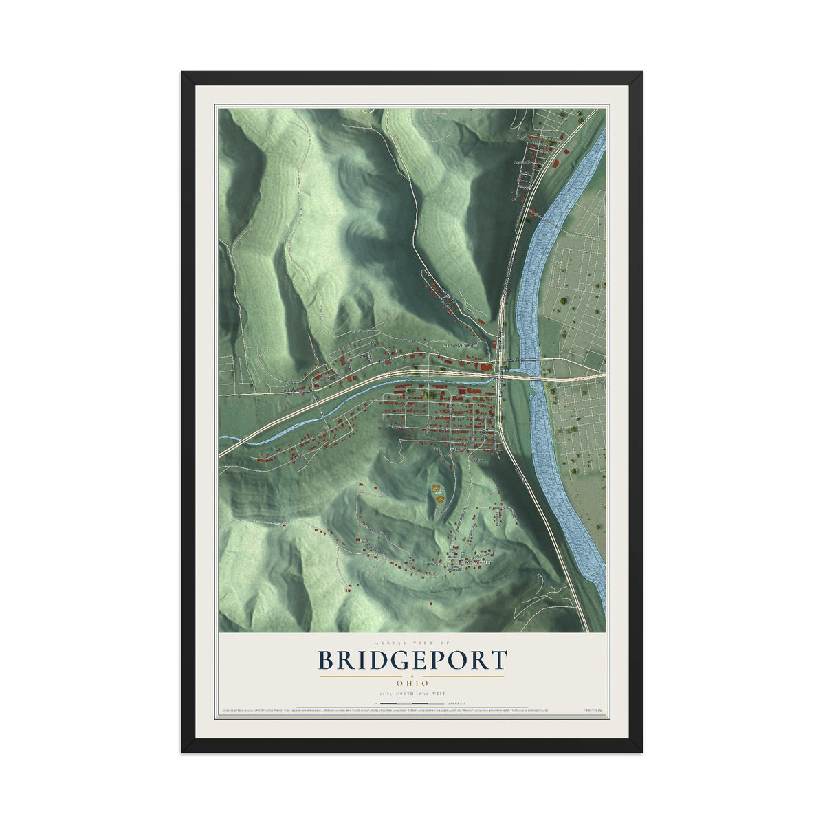 Map of Bridgeport, Ohio, 12 x 18 inch print in a black wood frame