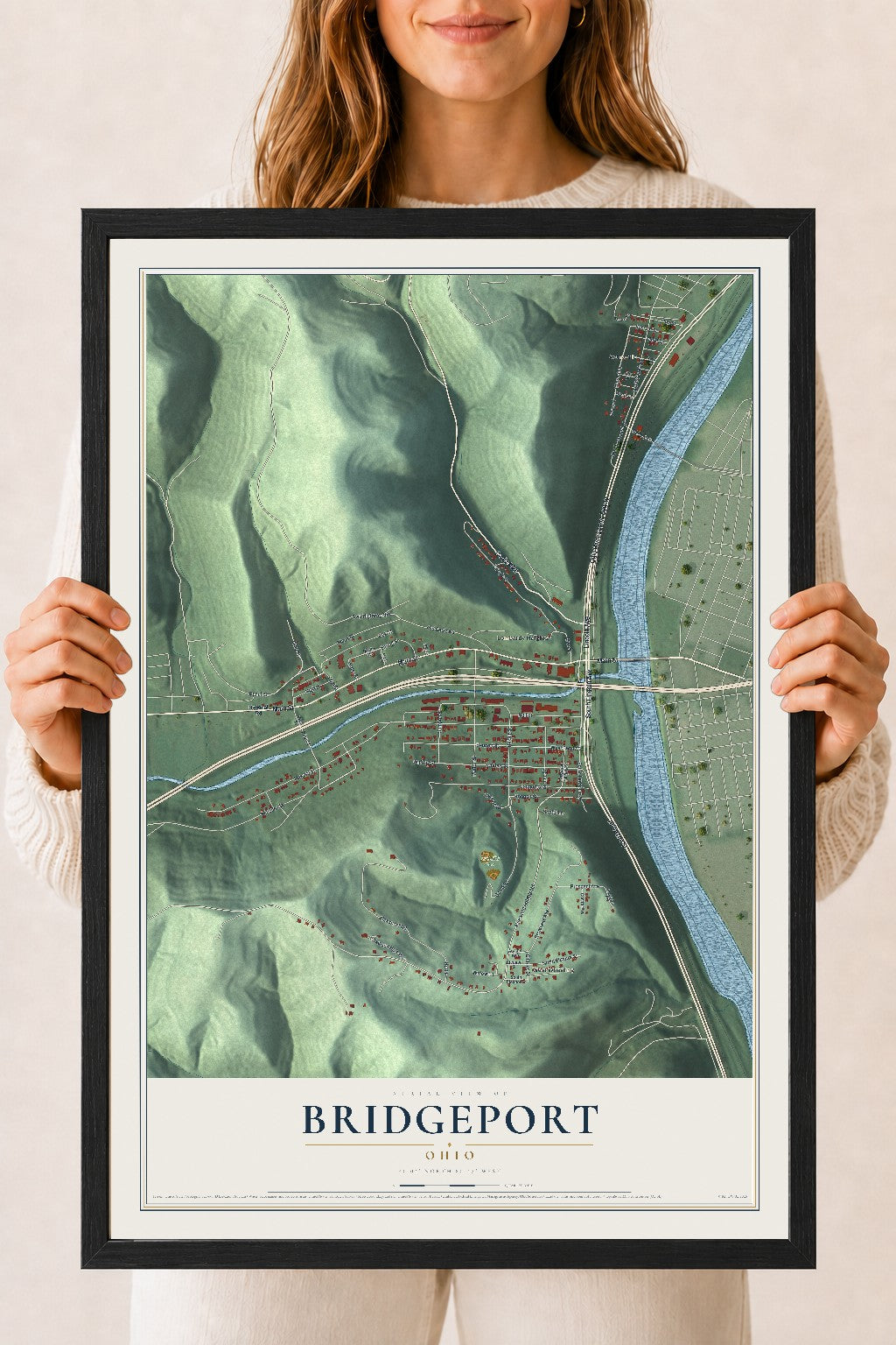 Map of Bridgeport, Ohio, 18 x 24 inch print in a black wood frame