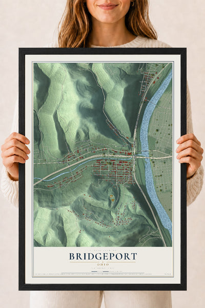 Map of Bridgeport, Ohio, 18 x 24 inch print in a black wood frame
