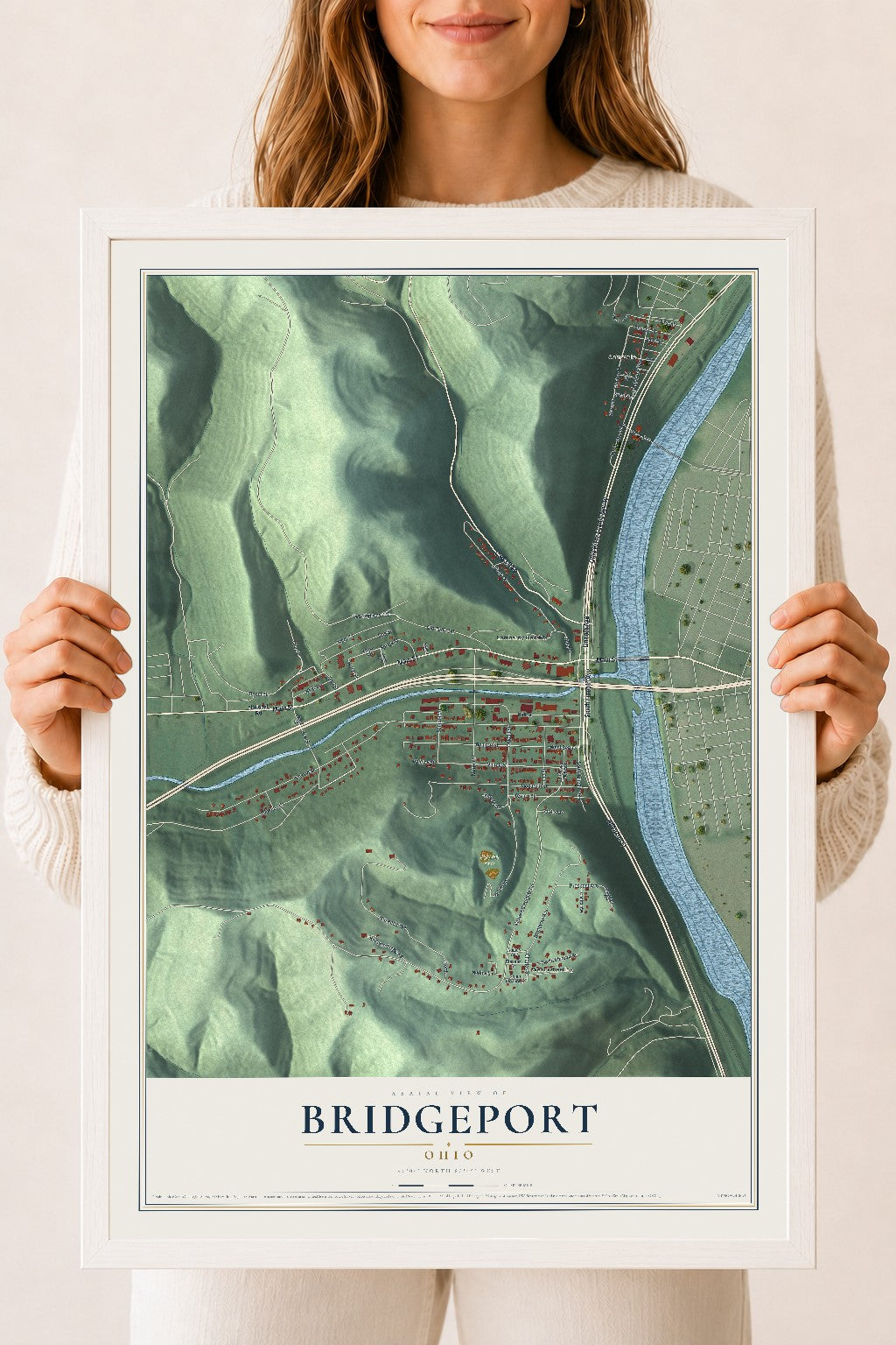 Map of Bridgeport, Ohio, 18 x 24 inch print in a white wood frame