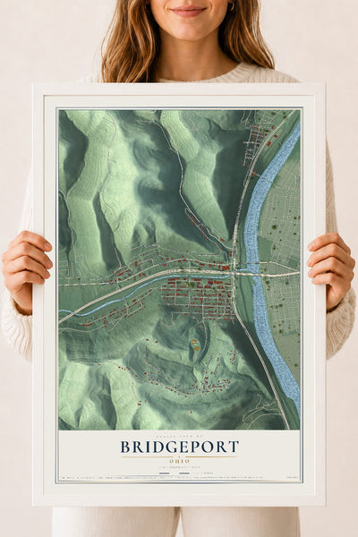 Map of Bridgeport, Ohio, 18 x 24 inch print in a white wood frame