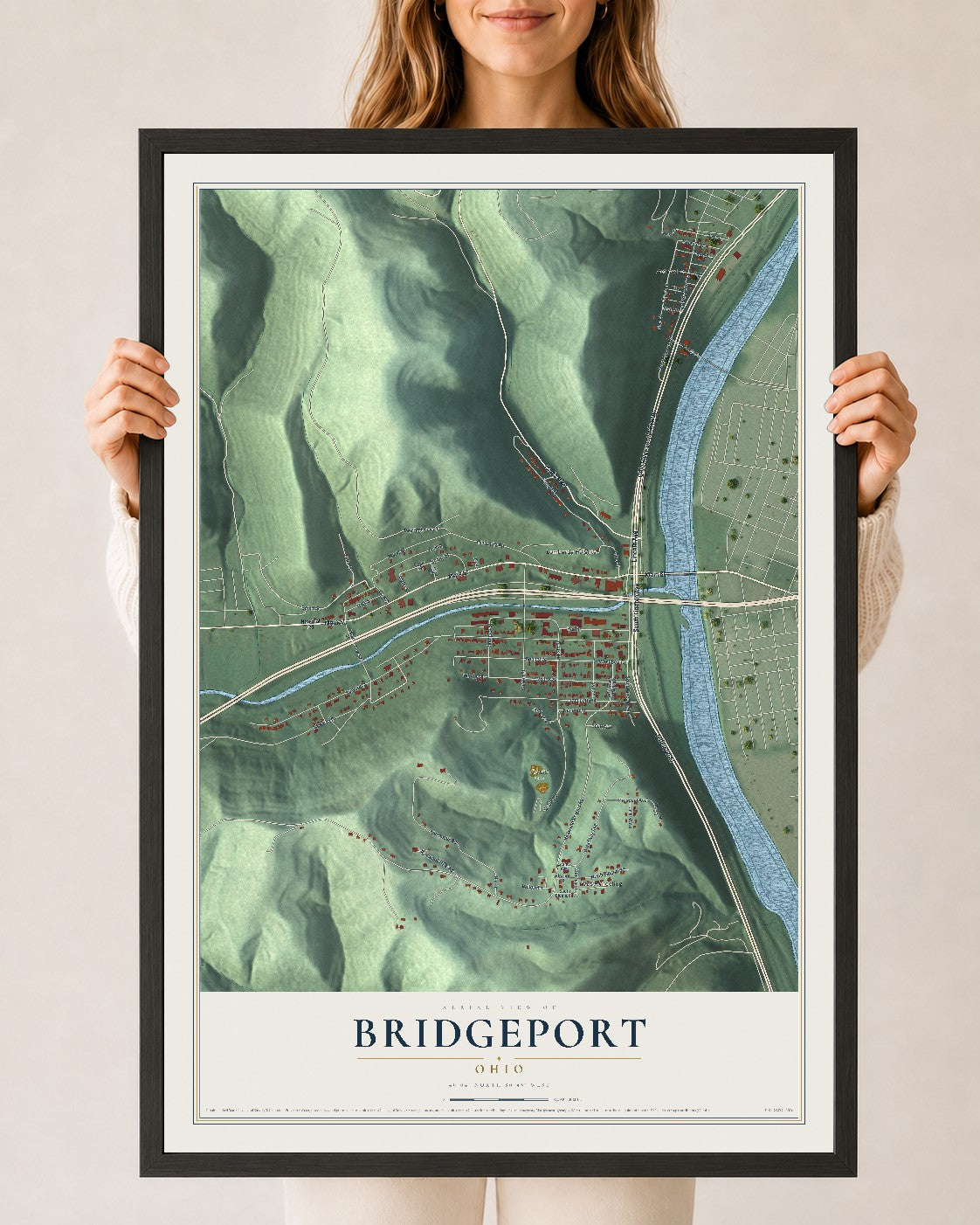 Map of Bridgeport, Ohio, 24 x 36 inch print in a black wood frame