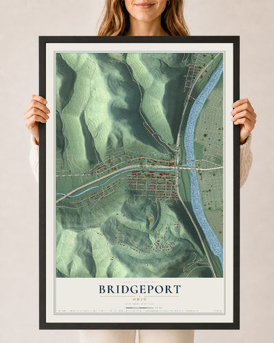 Map of Bridgeport, Ohio, 24 x 36 inch print in a black wood frame