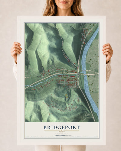 Map of Bridgeport, Ohio, 24 x 36 inch print in a white wood frame
