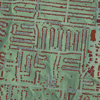 Close-up of the map of Bridgetown, Ohio print showing street and building detail