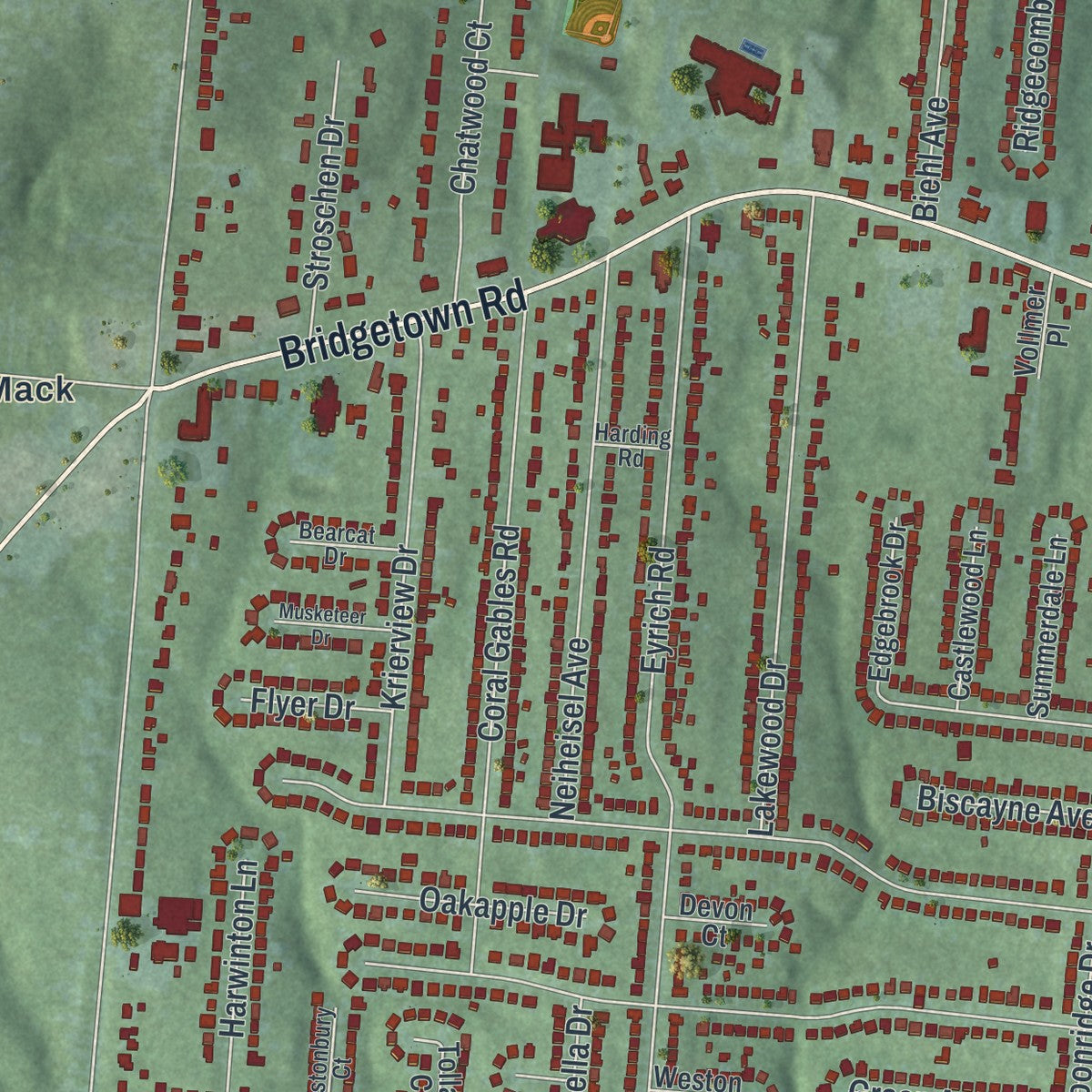 Second close-up of the map of Bridgetown, Ohio print showing more streets and buildings