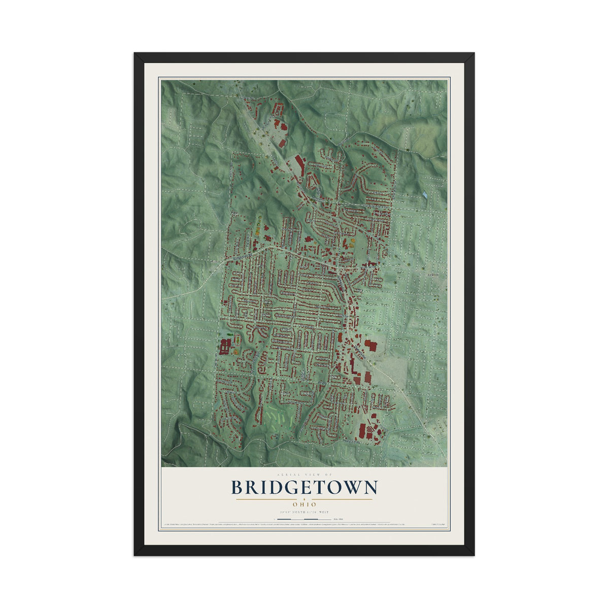 Map of Bridgetown, Ohio, 12 x 18 inch print in a black wood frame